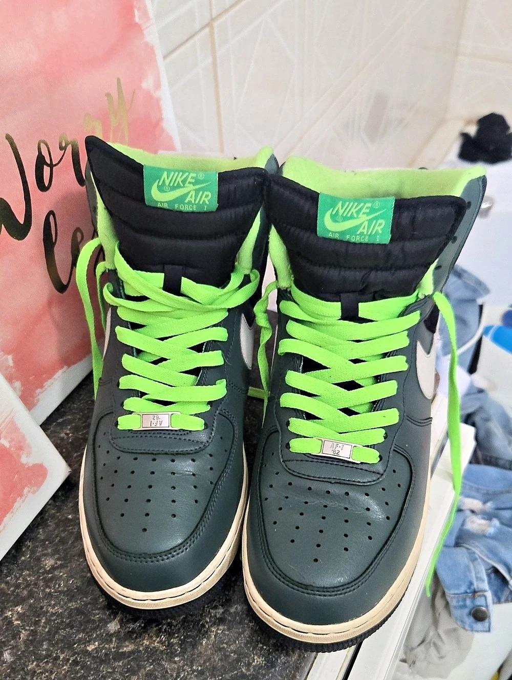 Nike Air Force 1 High-Top Sneakers in Green & Black